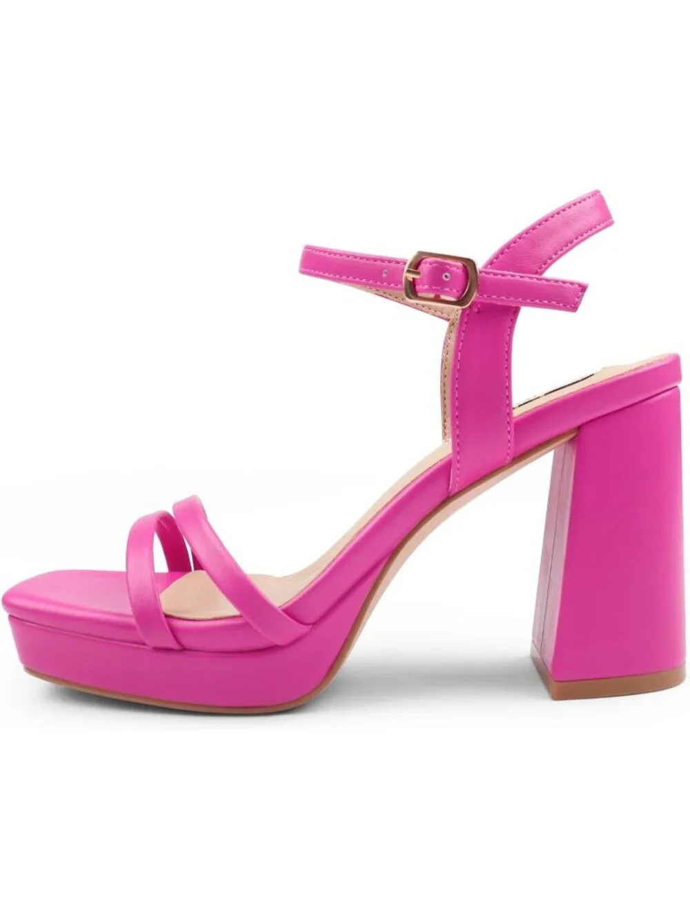 Women's Pink Matte Ankle Strap Square Open Toe  Chunky Block Heels Dress Sandals